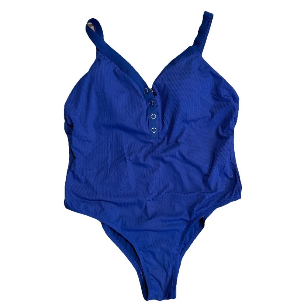 Exhilaration Plus Size Women One Piece Front Snaps Swimsuit Cobalt Blue Ribbed